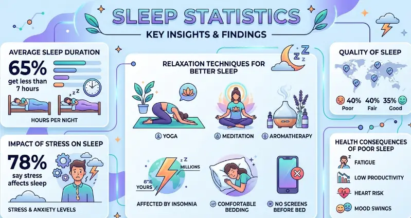 Infographic showing sleep and relaxation statistics, including percentages of adults with insomnia, people getting less than 7 hours of sleep, and effectiveness of techniques like deep breathing, yoga, aromatherapy, and limiting screen time before bed.