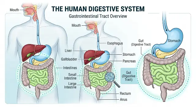 human digestive system diagram showing gut health and intestines