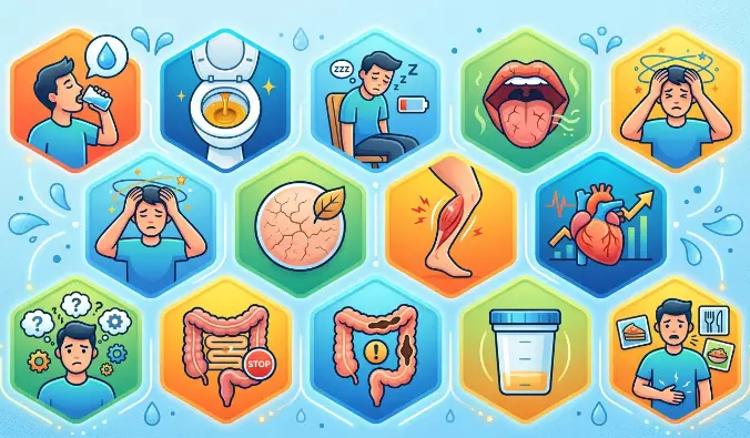 Recognize the Signs of Dehydration Early “Infographic showing 12 signs your body needs more hydration including thirst, fatigue, dry mouth, and dark urine”