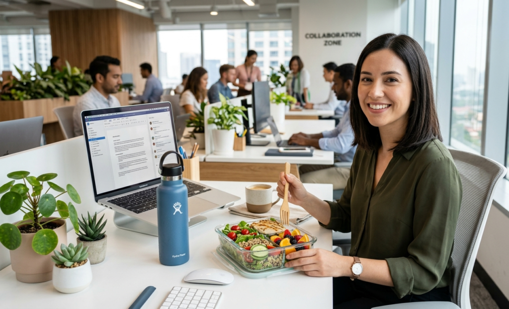 “healthy office lunch desk”